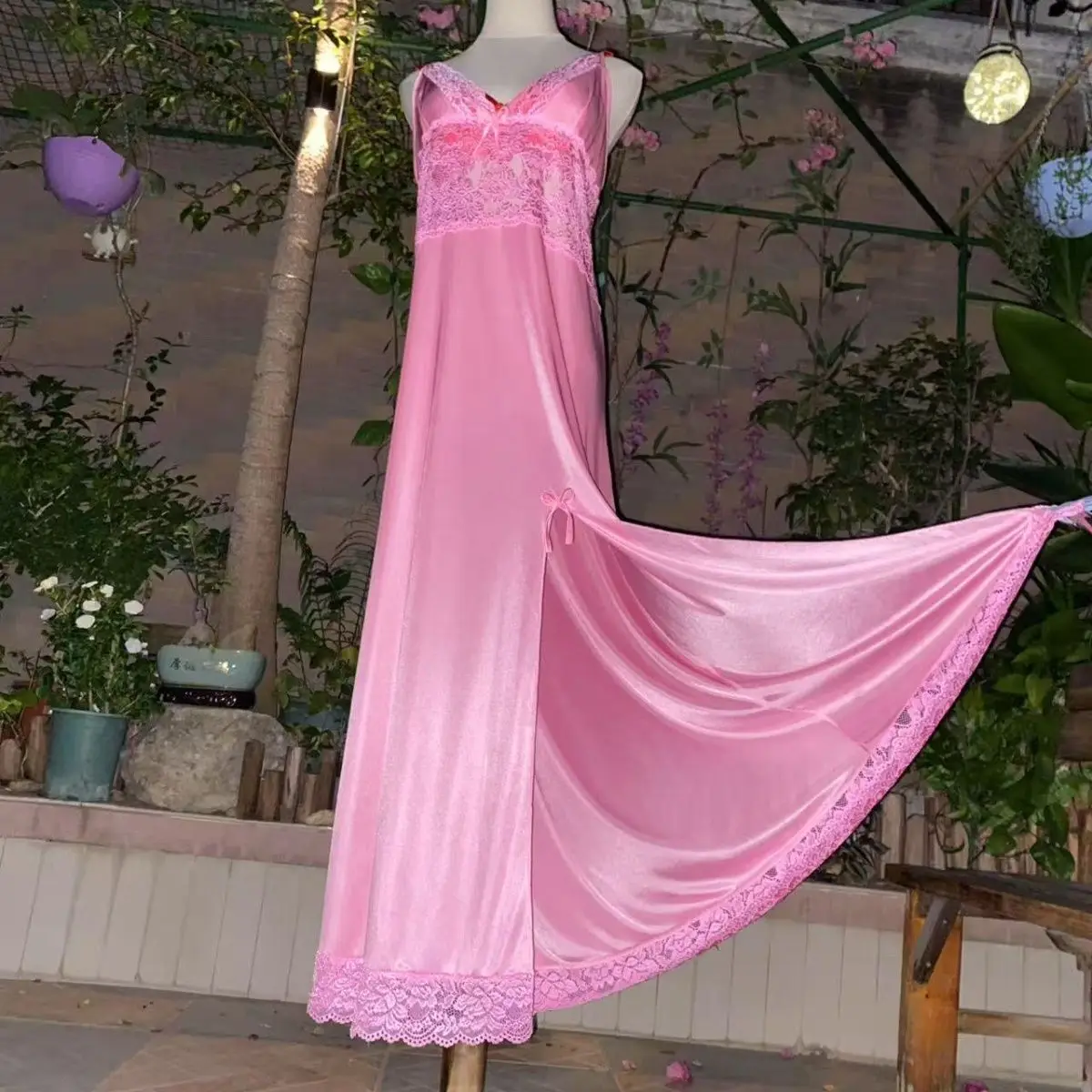 Glossy V Neck Lace Women Satin Loose Maxi Dress Sleeveless Plus Size Sexy Sleeping Robe