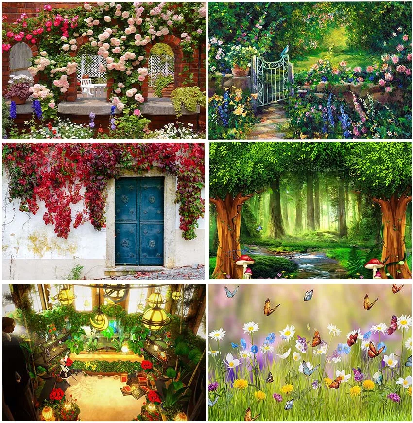 

Spring Fantasy Suburban Scenery Garden Floral Butterflies Photographic Backdrops Child Birthday Cake Smash Backgrounds Banner