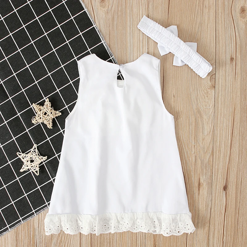 Infant Newborn Baby Girl Lace Dress Sleeveless Bowknot Rib Solid White Shift Gown Headband