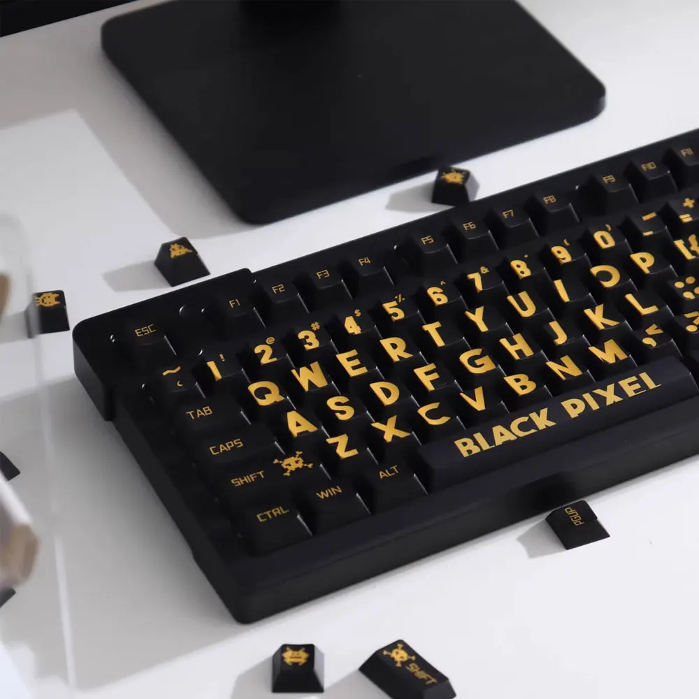 129 Keys Keycaps Gold Letters Theme Cherry Height PBT PC Thermal Sublimation For 61 68 75 87 104 108 Wooting Mechanical Keyboard