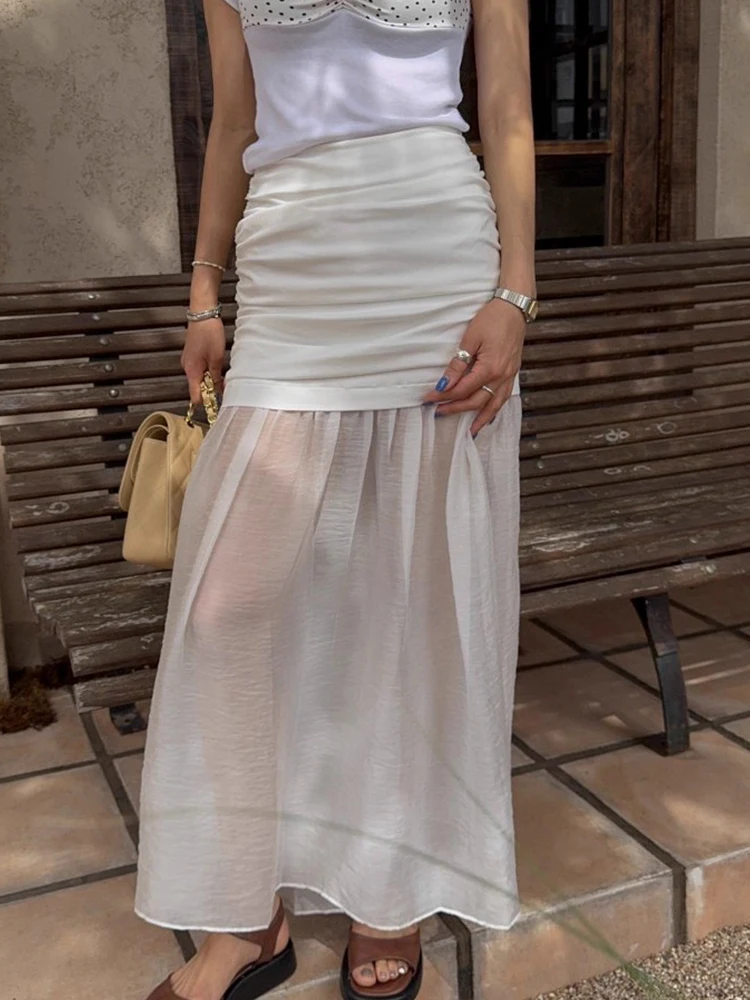 

Chic High Waist Me Skirt with Gathers And Splice Long Semi-Body Women's Skirt Sexy Korean Sle Commute Daily A-Line Skirt