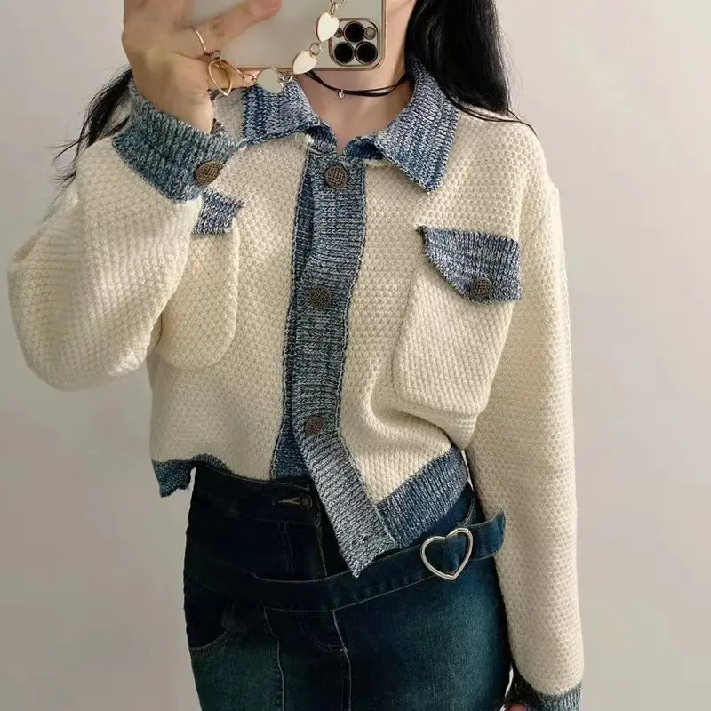

Elegant Splicing Cardigan Knitted Short Sweater Women Spring Autumn Korean Fashion Long Sleeve Coat Lapel Pockets Loose Shirts