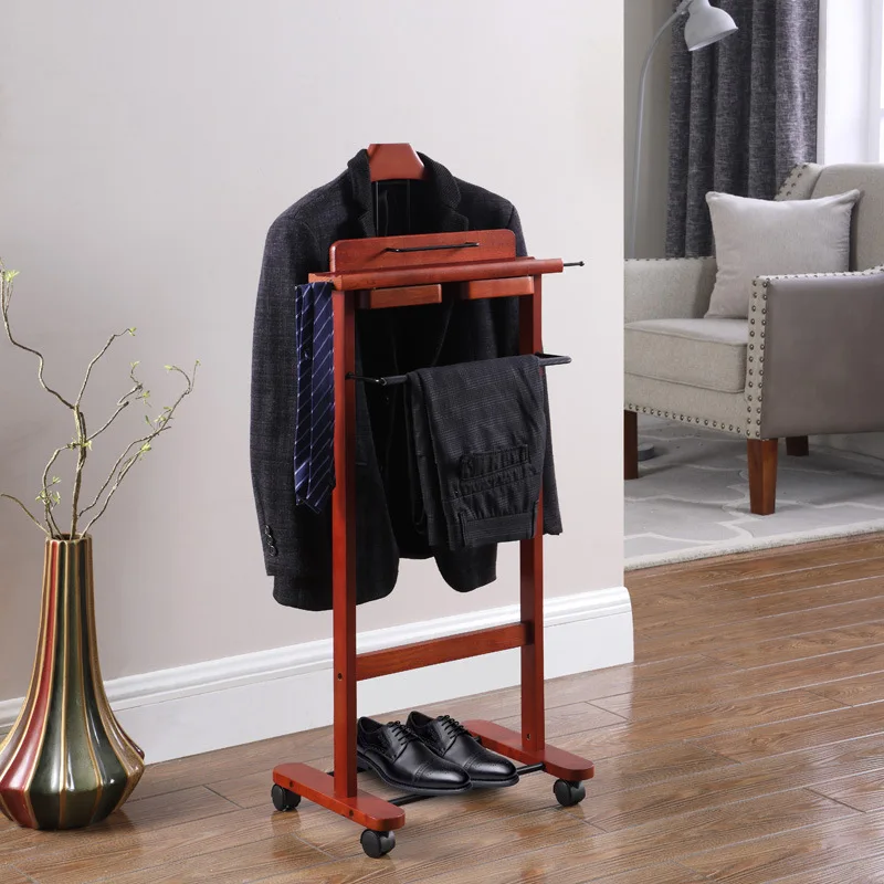 Home American Solid Wood Coat Rack Suit Rack Burgundy New Chinese Modern Suit Rack Mobile Belt Pulley
