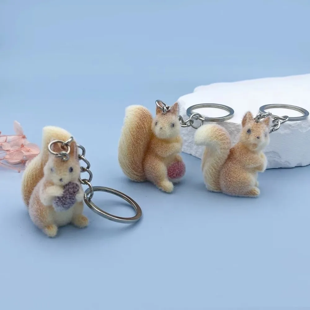 Cartoon 3D Flocking Squirrel Pendant Mini Handmade Craft Supply Resin Keychain DIY Surface Charm Pendant Bag Accessory