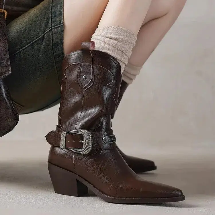 Woman Boots Shoes for Women 2025 Western Cowboy Thick Heels Retro New Rock Gothic Mid Calf Low Pointed Toe Autumn - Image 6