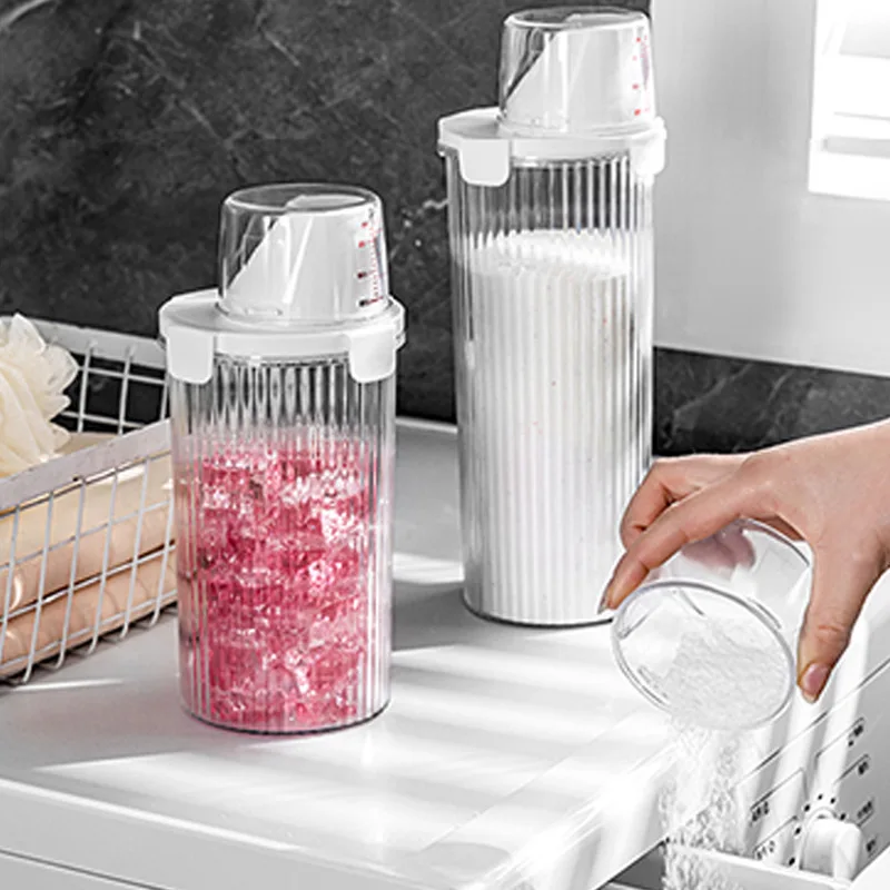 Transparent Laundry Detergent Dispenser Bottle with Measuring Cup Multipurpose Laundry Powder Storage Box Sealed Dispensing Cans