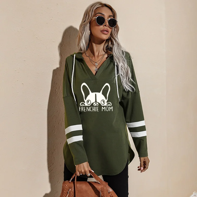 French Bulldog Mom Loose Hoodies Ladies Fashion V-Neck Long Tops Female Hoodie Winter Frenchie Mom Women Casual Sweatshirts