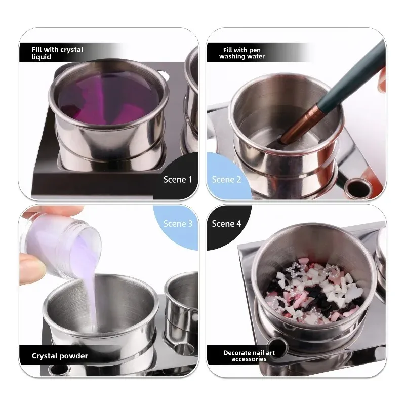 1set Nail Brush Cleaner Cup Wash Pen Brush Cup Nail Drill Bits Container Stainless Steel Manicure Storage Tools