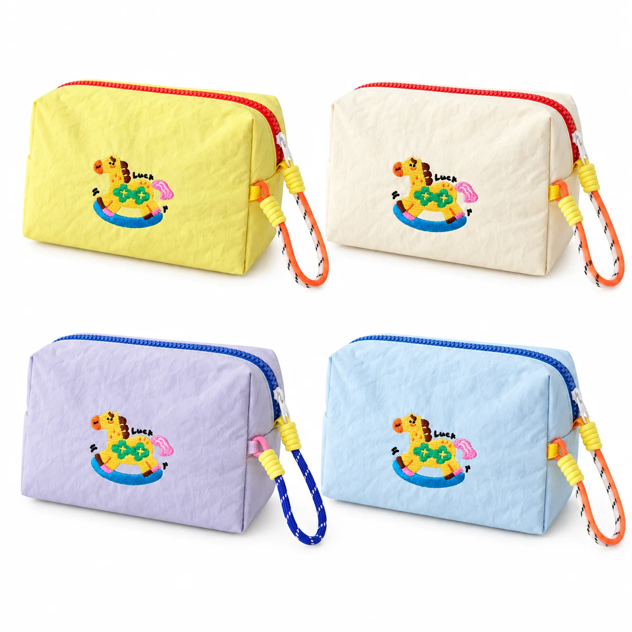 Cute Rocking Horse Embroidered Cosmetic Bag, Large Capacity Zipper Makeup Pouch with Wrist Strap, Travel Storage Organizer