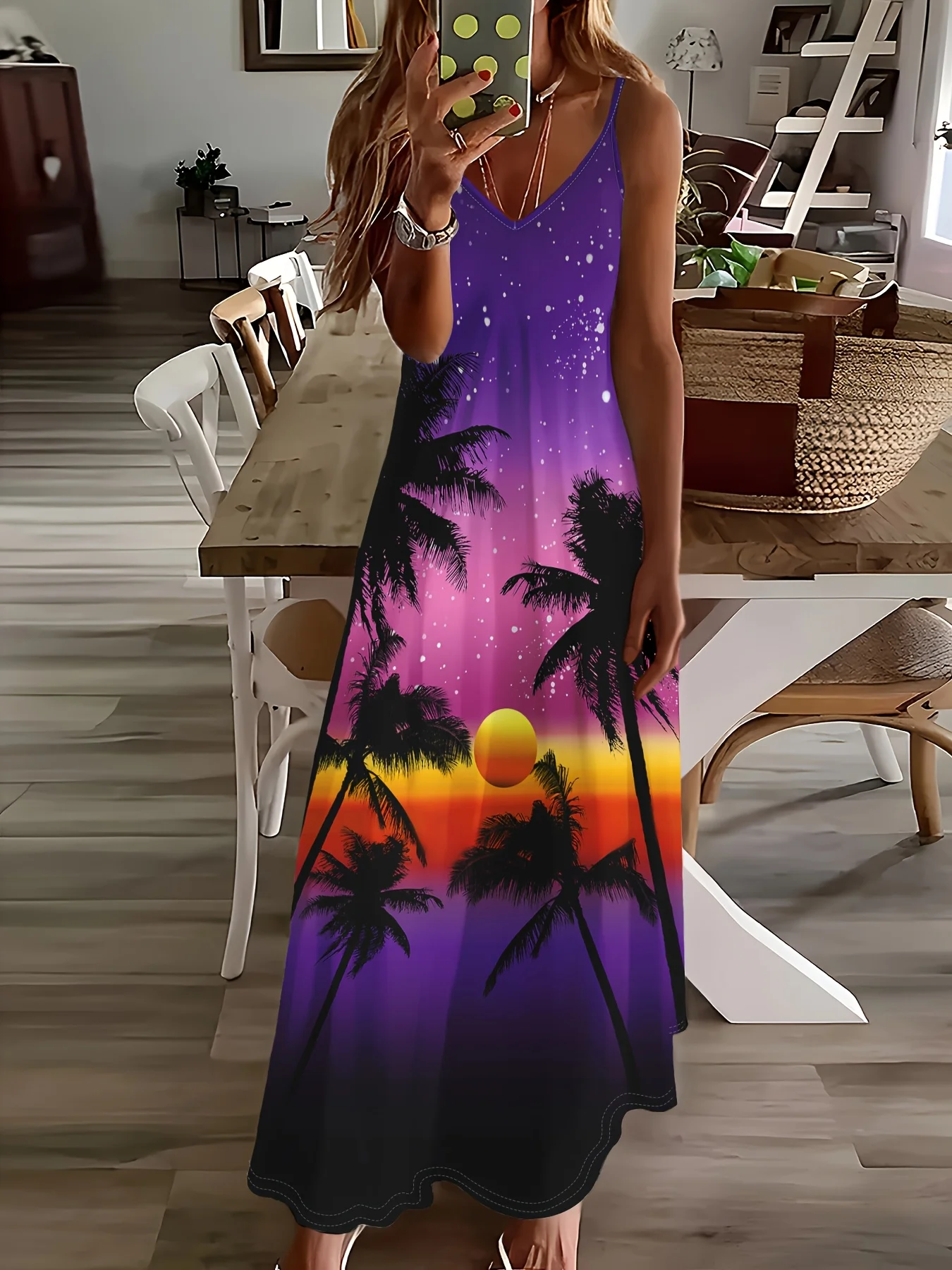 Printed Design All Seasons Collection Vacation Style Sunset Palm Tree Sky Star Dress