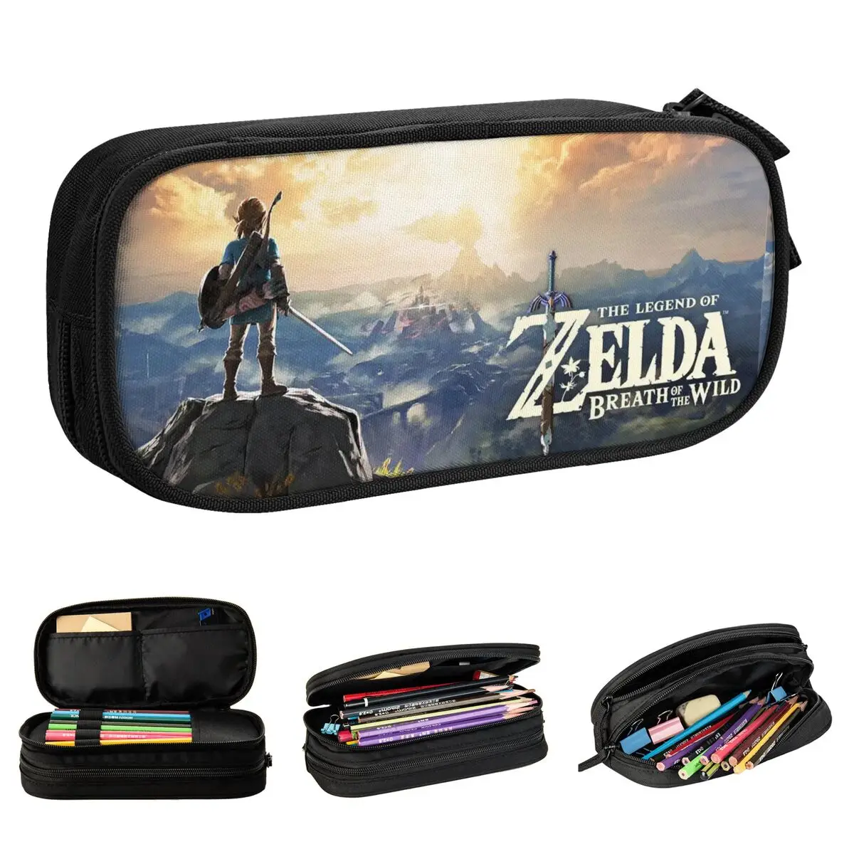 Large Pencil Case Zeldas The Legend Japanese Anime Games School Supplies Double Layer Pencil Bag Women Makeup Bag Birthday Gift