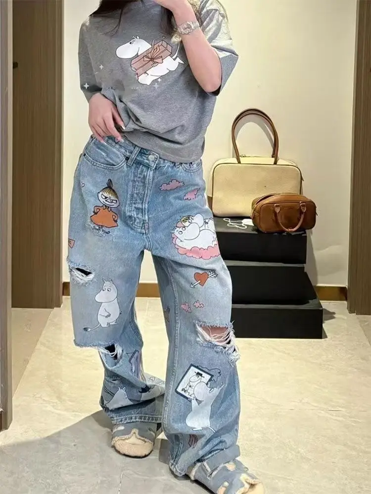 レトロ漫画落書きウォッシュリッピングワイドレッグジーンズレディース2025春夏デザインセンスゆったり薄手パンツ潮