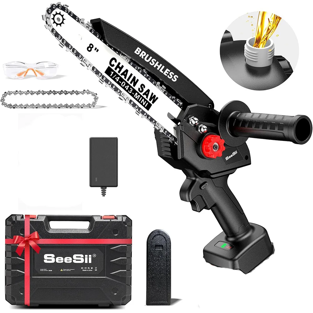 

Seesii 8-inch Brushless Electric Chainsaw Garden Tree Branch Wood Cutting Saw Cordless Mini Chainsaw without battery