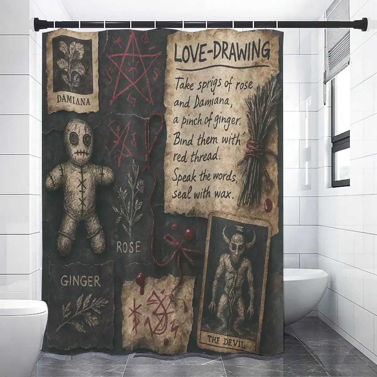 Spooky Witchcraft Love Drawing Spell Bath Curtain Halloween Gothic Mystical Decor Bathroom Shower Curtain