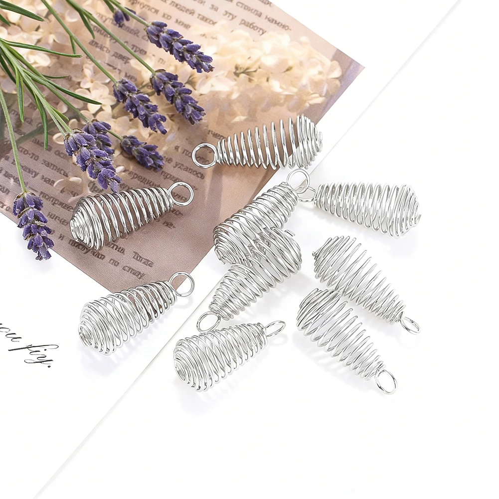 

5pcs Silver Spring Bowling Ball Metal Pendants Minimalist Spiral Openwork Pearl Cage DIY Wind Chime Diffuser Stone Accessories