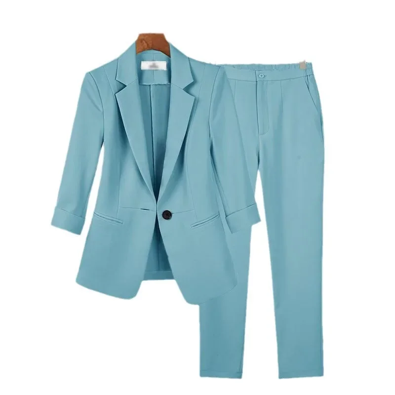 

Women Blazer Pants Suits Single Button Turn Down Collar Cardigan Long Sleeve Pockets Office Lady Loose Solid Pencil Pants