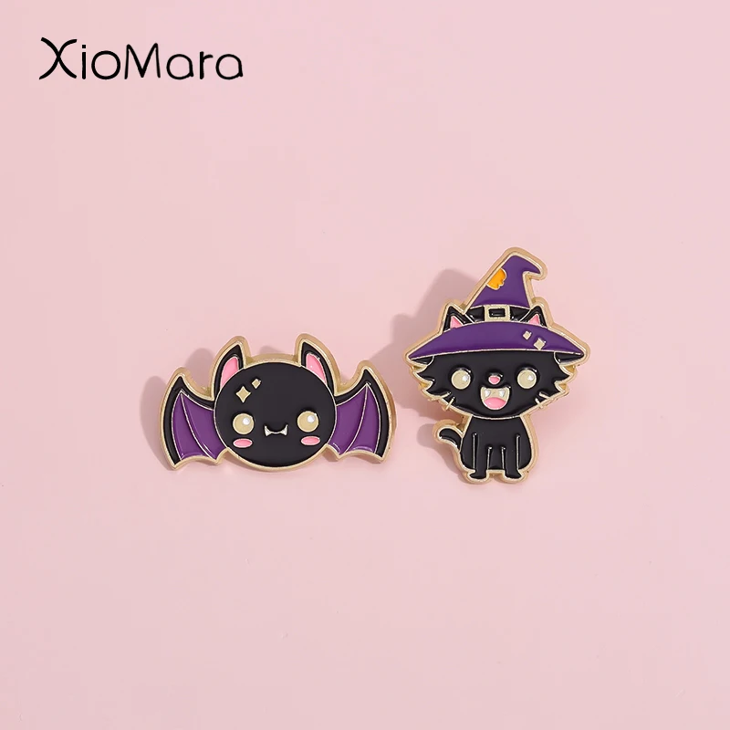 Magischer Zauberer Hut Katze Fledermaus Emaille Pins Retro Spaß Gothic Punk Kitty Brosche Revers Hemd Kragen Abzeichen Schmuck Halloween Geschenk