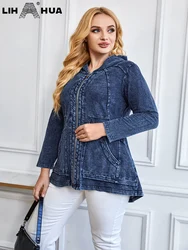 LIH HUA feminino plus size denim jaqueta com capuz outono chique elegante jaqueta para gorducho feminino algodão tricô jaqueta