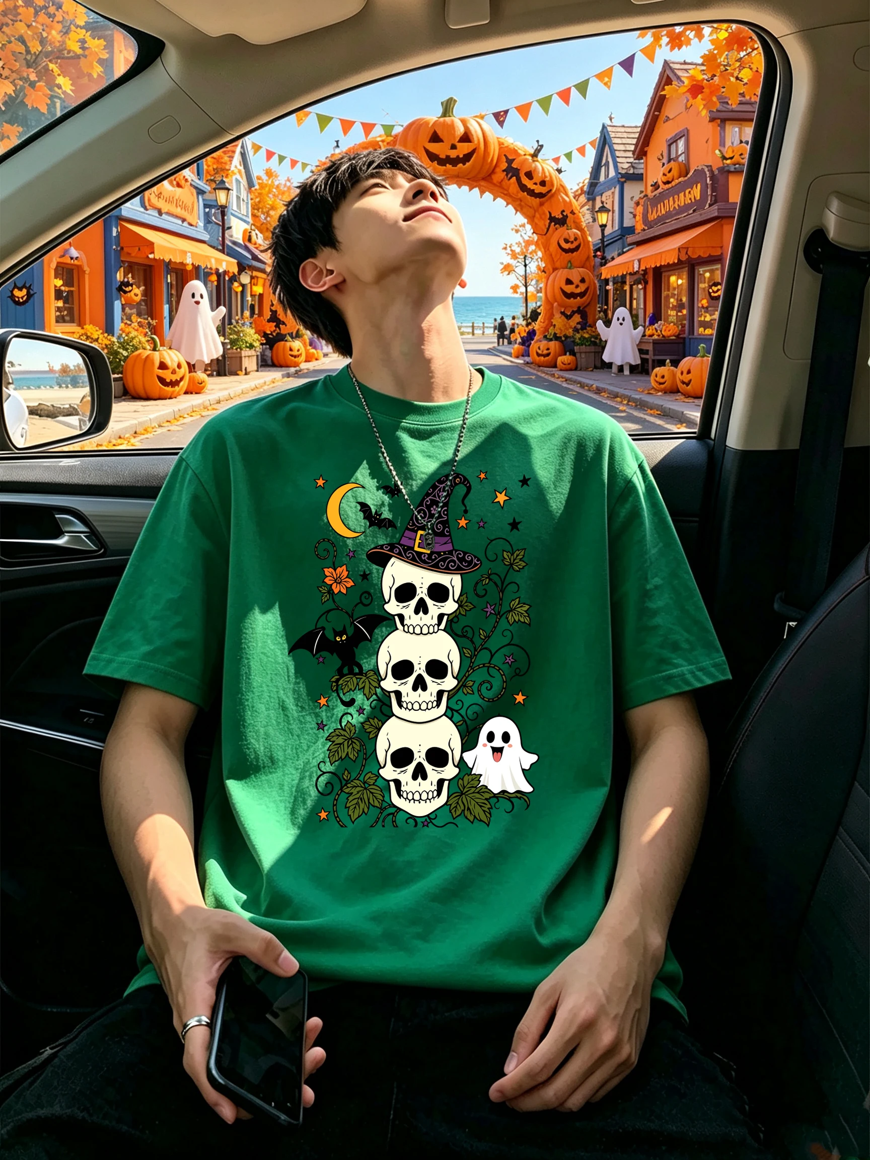 Stacked Skulls Halloween Printing Men'S T-Shirt Cotton Crewneck T Shirts Oversized Soft Clothes Breathable Summer Short Sleeve