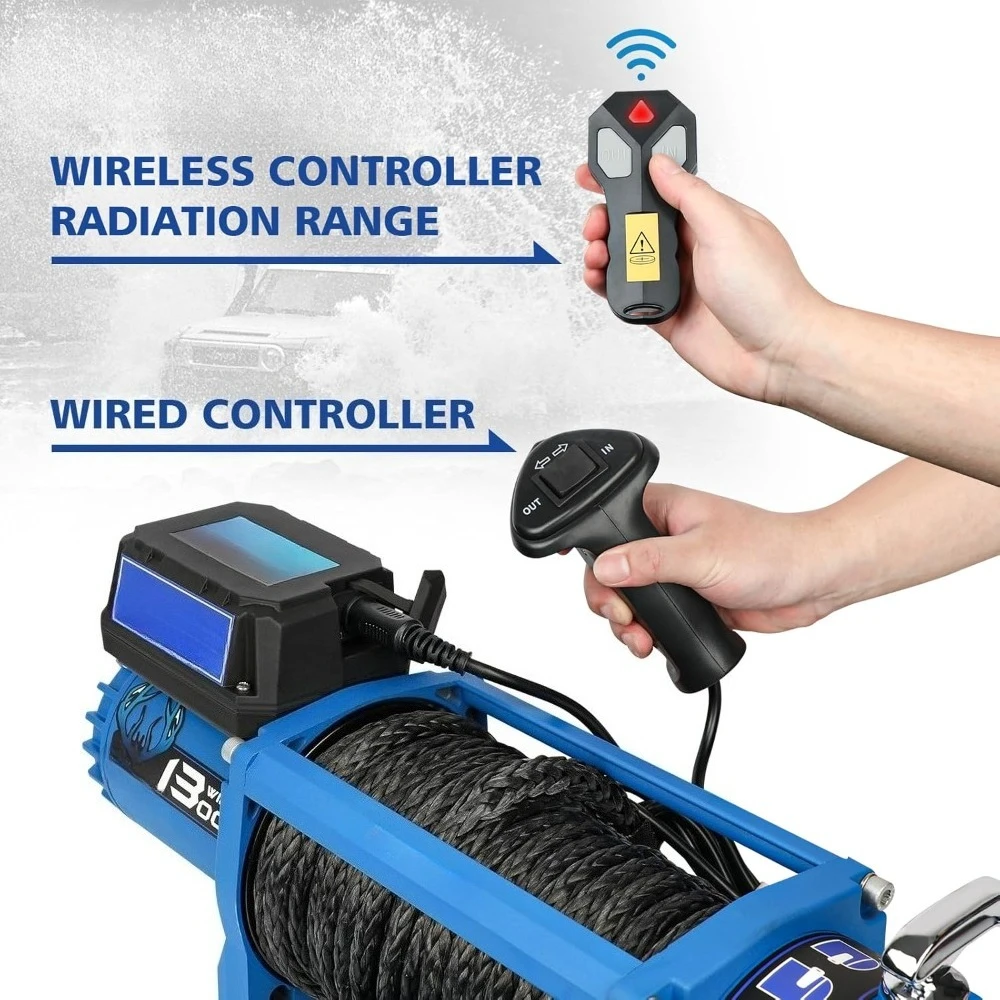 12V Electric Winch 13000lb Load Capacity Multi-Purpose Winch Heavy Duty with Synthetic Rope Hawse Fairlead Waterproof