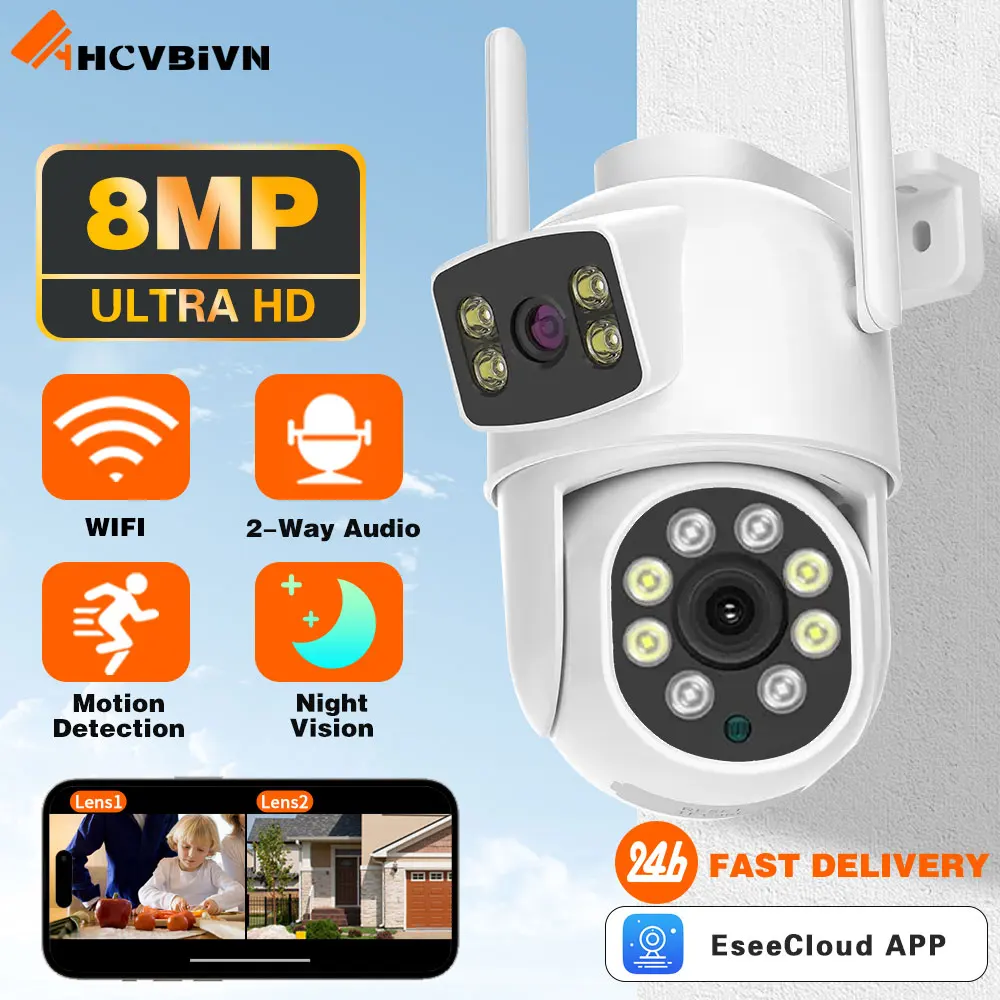 4K 8MP PTZ WIFI Camera,Dual Lens Dual Screen IP Camera,4MP HD Auto Tracking Outdoor CCTV Protection Surveillance,App:EseeCloud