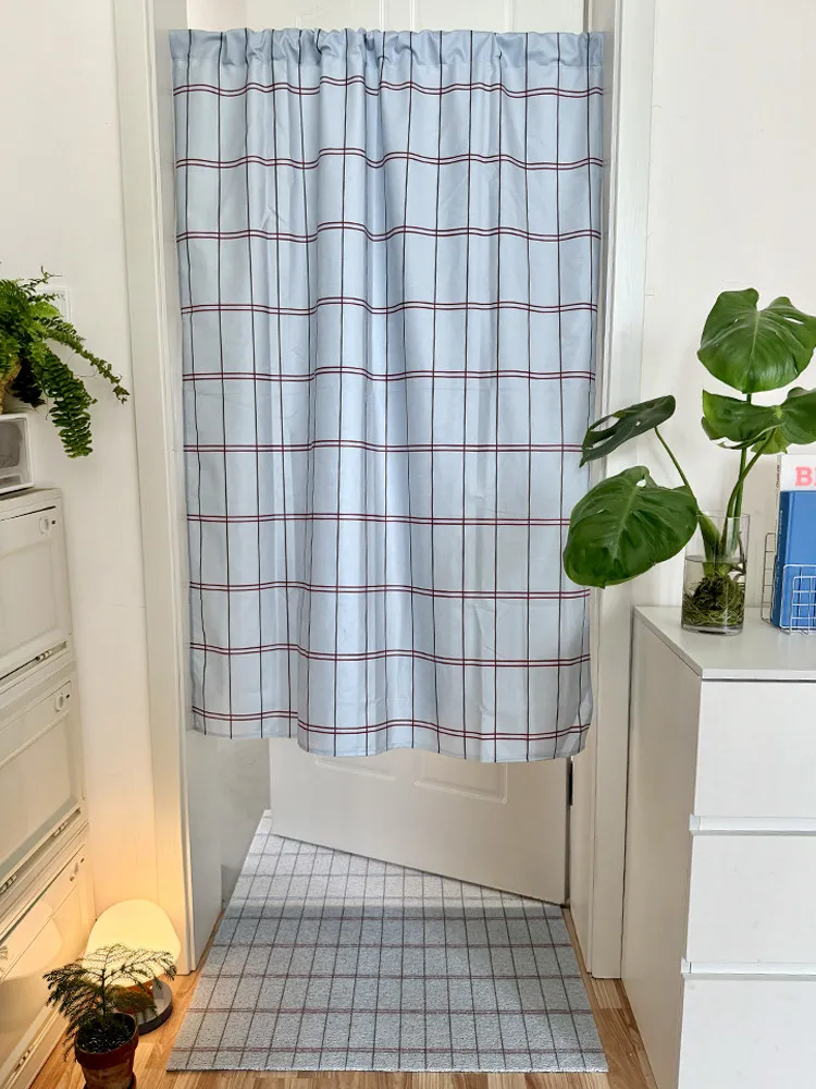 Korean Style Checkered Pattern Curtain Short Velvet Semi Blackout Partition Decoration Bedroom Bay Window Shading Background