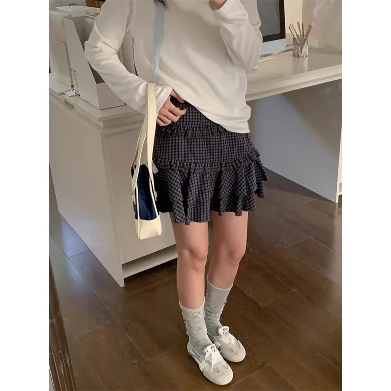 

Vintage Ruffled Sexy Slim A-line Skirt Female 2025 Summer New Korean High Waist Contrast Color Plaid Casual Cake Skirt