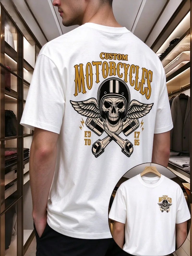 CUSTOM MOTORCYLES Mens Back Print T-Shirt Skull Helmet Wings Piston Graphic Casual Short Sleeve Soft Modal Tee Biker Gift