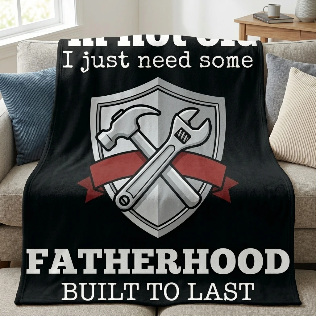 Fatherhood Built To Last Mechanic Shield Flannel Throw Blanket, Funny Dad Tool Graphic Soft Cozy Home Decor Blanket