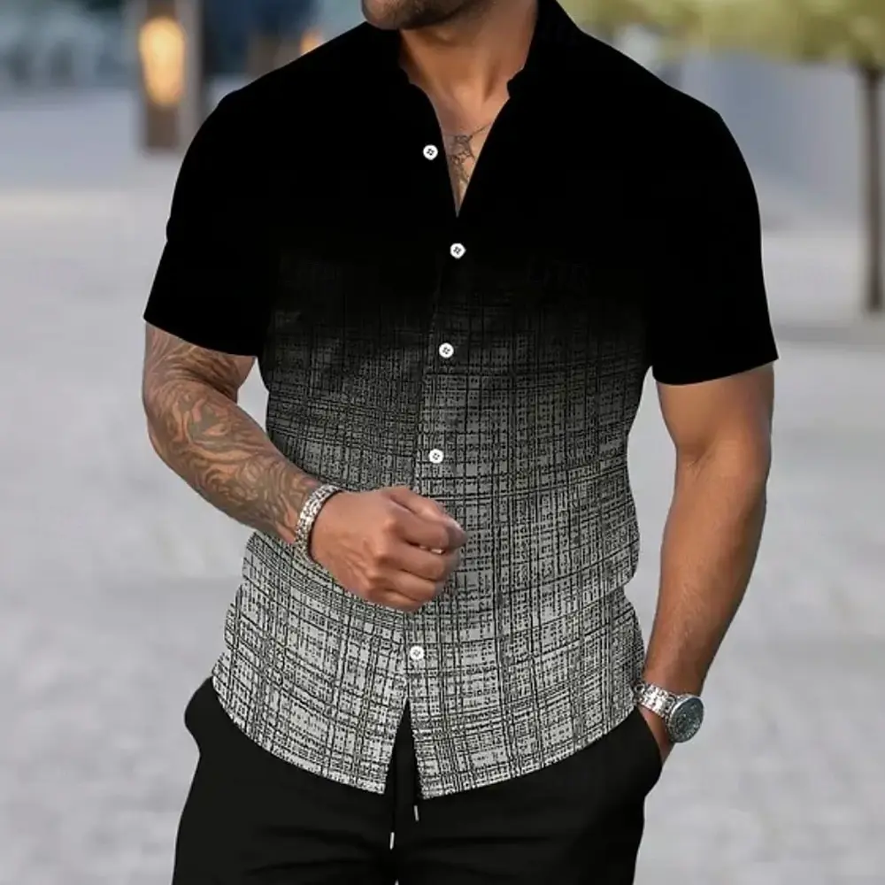 

Men's Short Sleeve Turndown Collar Geometric Grid Plaid Gradient Print Button Up Shirt for Spring Summer Daily Outdoor Vacation