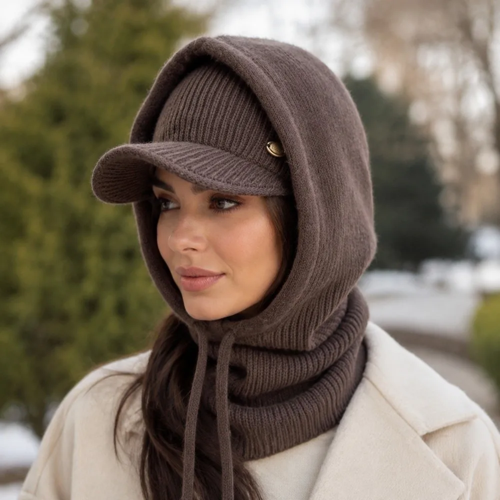 Casual Elastic Knit Balaclava Set Ribbed Texture Open-top Hat Knit Beanie Hat Windproof Neck Warmer Scarf Winter