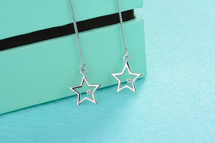 Simple 925 Silver Needle Tassel Earring for Women Five-pointed Star CZ Crystal 6mm Pearl Long Leave Ear Line Chain Drop Earrings