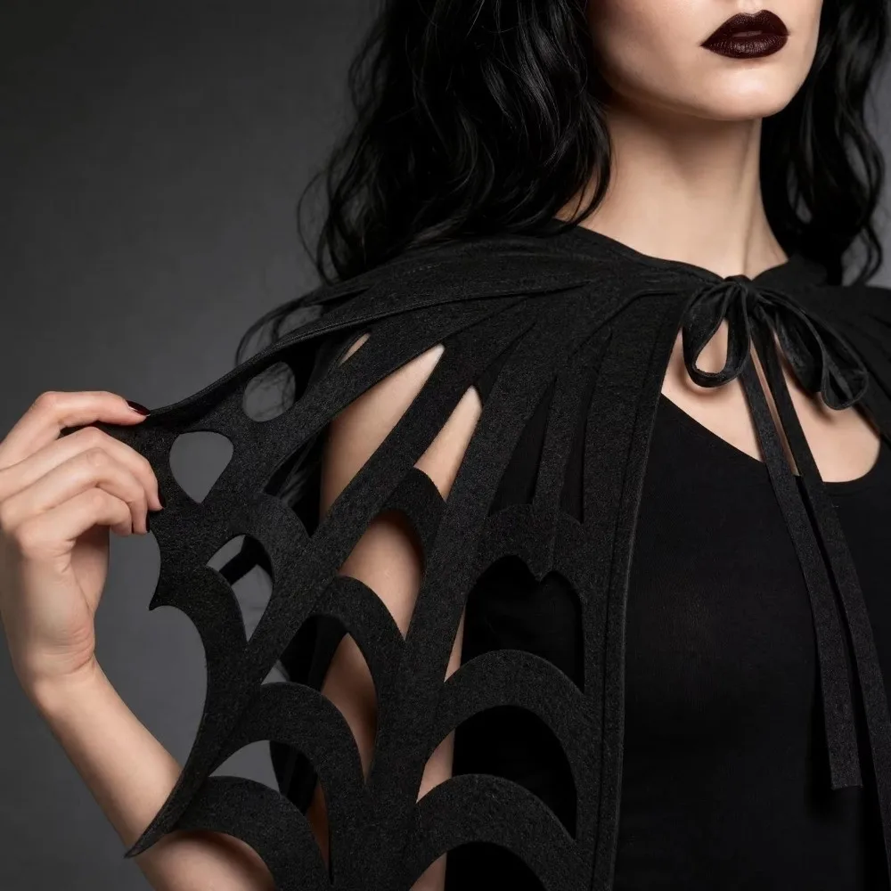 Retro Solid Color Halloween Cape Felt Material Mesh Texture Cosplay Cloak Adult Size Hollow Out Spiderweb Shawl Festival Wear