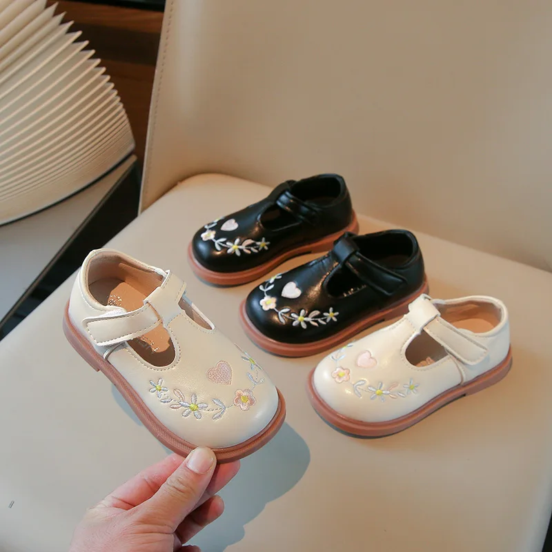 

Kids T-strap Leather Shoes Fashion Embroidered Flowers Girls' Flat Shoes Causal Spring Autumn Children Princess Shoes Non-slip
