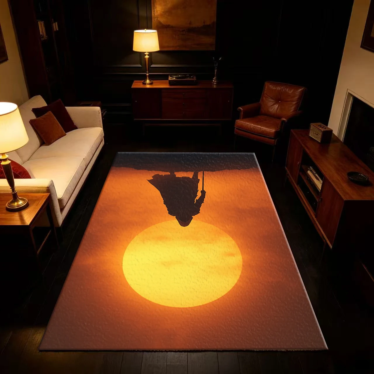 Warrior Silhouette with Hat Sunset Rug Vintage Desert Scene Carpet Suitable for Study Room Home Decoration