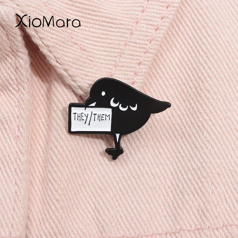 Pronouns Enamel Pin Black Crow Raven They Them Animal Brooch Lapel Backpack Badge Fashion Jewelry Gifts for Friends