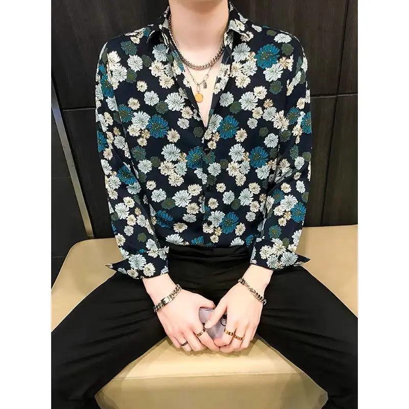 Spring Autumn New Fashion Printing POLO Collar Long Sleeve Shirts Men's Clothing Korean Butto Cardigan Chaopai Versatile Blouses