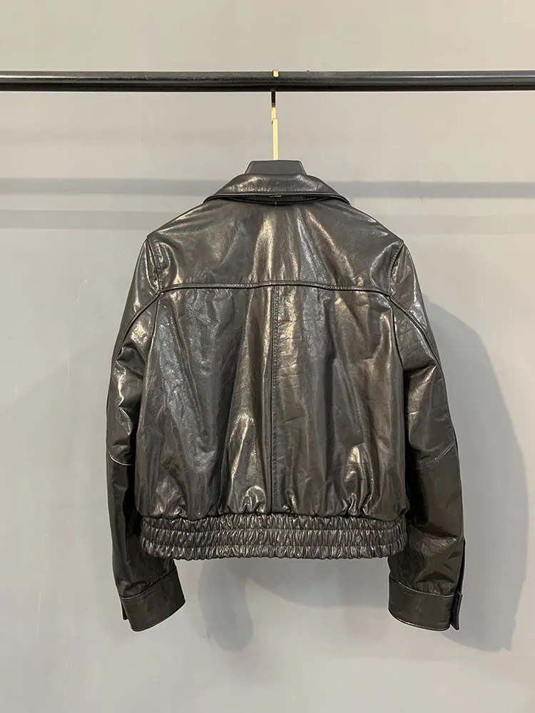 New Fashion Autumn Women Single Breasted Genuine Leather Jacket Loose Fit Oil Wax Turn Down Collar Office Lady Casual Outerwear