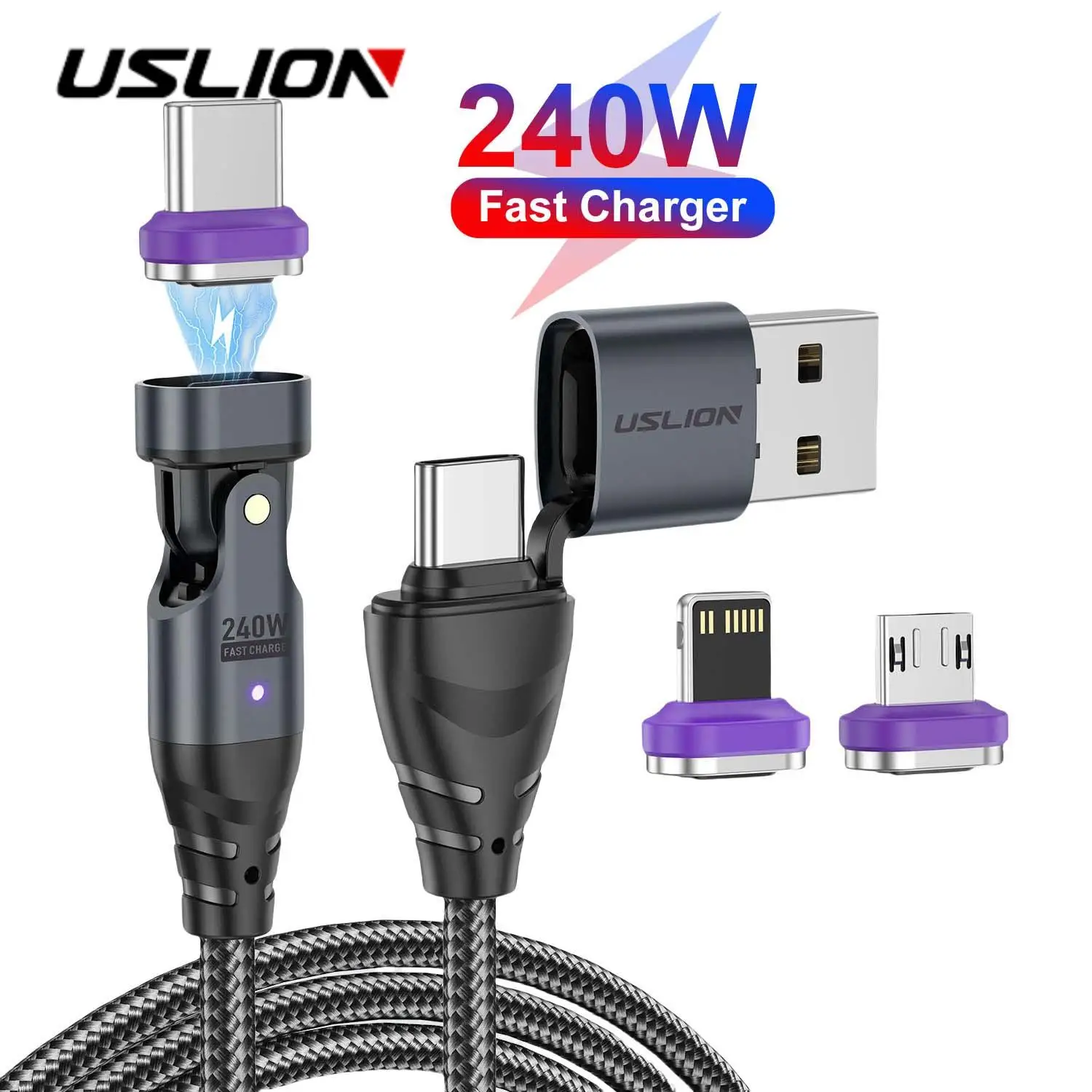 USLION 2 to 3 240W Magnetic Fast Charging Cable 6 in 1 PD3.1 Micro Type C Data Cord for Macbook Pro iPad iPhone 16 15 Xiaomi 14