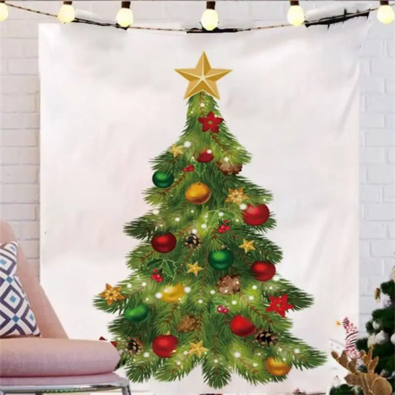 VIKAMA Christmas Tree Ornament Gift Wall Tapestry White Background Colorful Ball Star Candy Cane Present Hat Holiday Festive