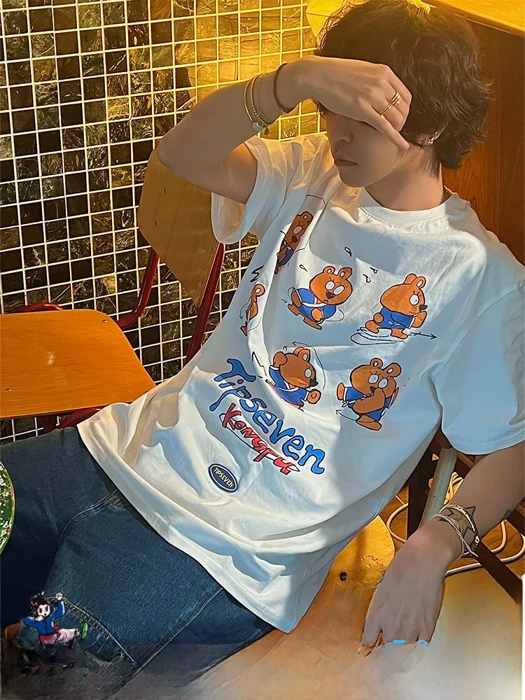 

TIPSEVEN Original Design Summer New round Neck Short Sleeve T-Shirt Cute Kung Fu Bear Print Breathable Cotton Casual Top for ...