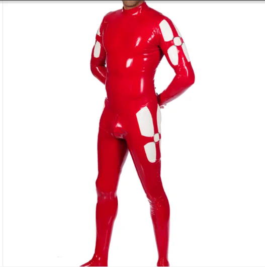 

100%Latex Rubber Gummmi Red men's bodysuit with white racing uniform party role special occasion hand customized 0.4mm XS-XXL