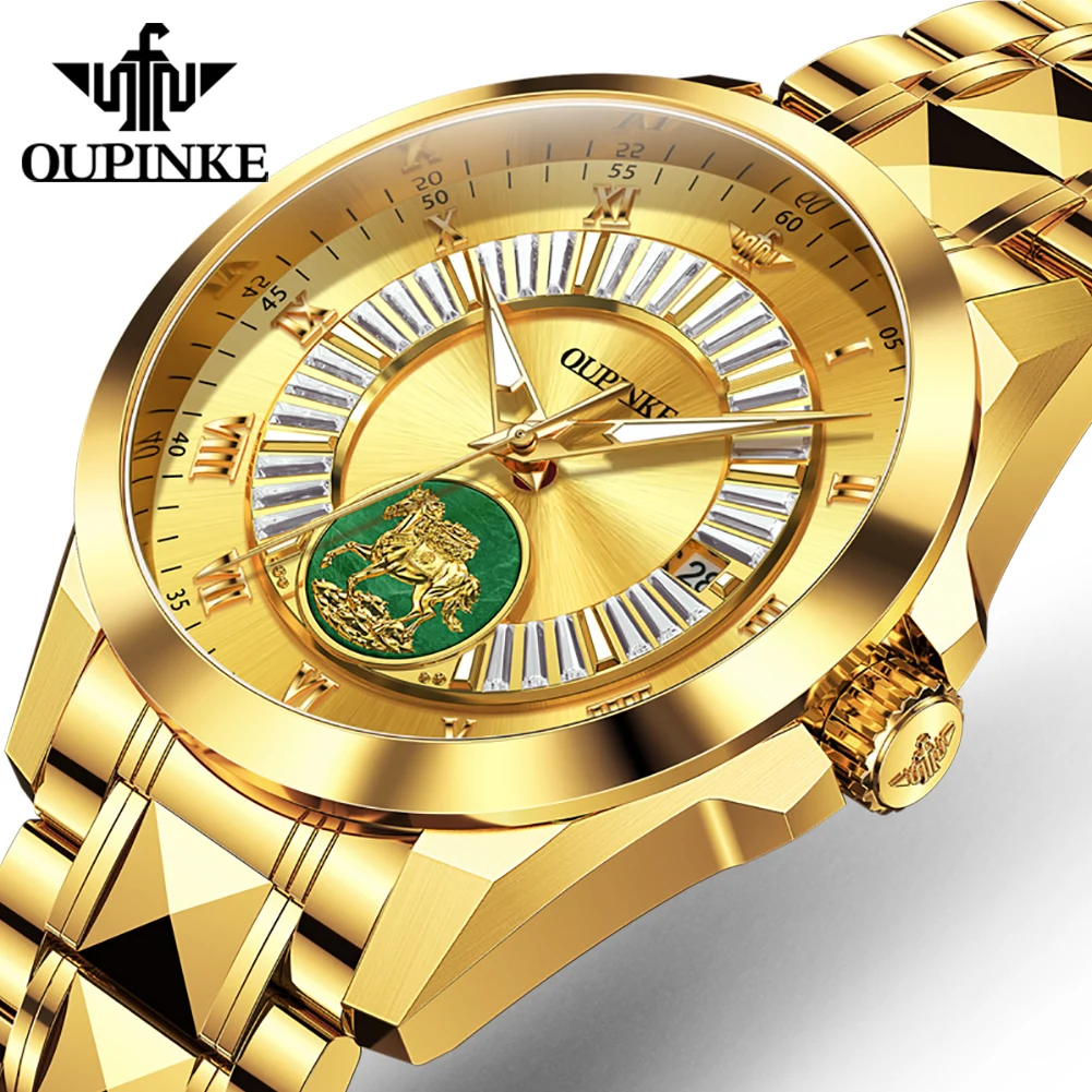 OUPINKE 3320 Automatic Mechanical Men's Watch Carving Horses Real Gold Green Jade Luxury Men's Wristwatch Auto Date