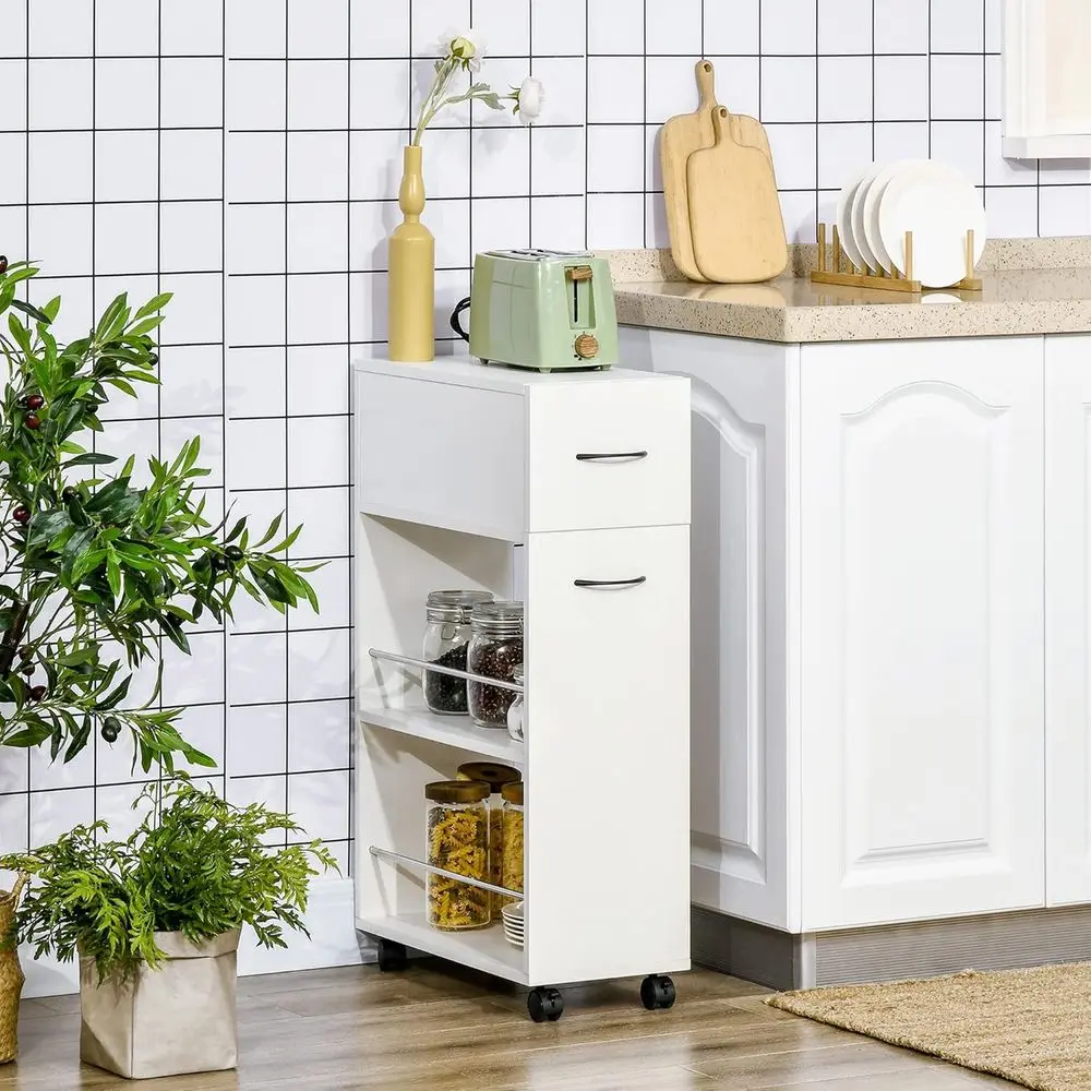 3- Tier Slim Storage Cart, Rolling Narrow Kitchen Cart on Wheels or Small Place, Slide Out Side Utility Cart or Bathroom, Laundr