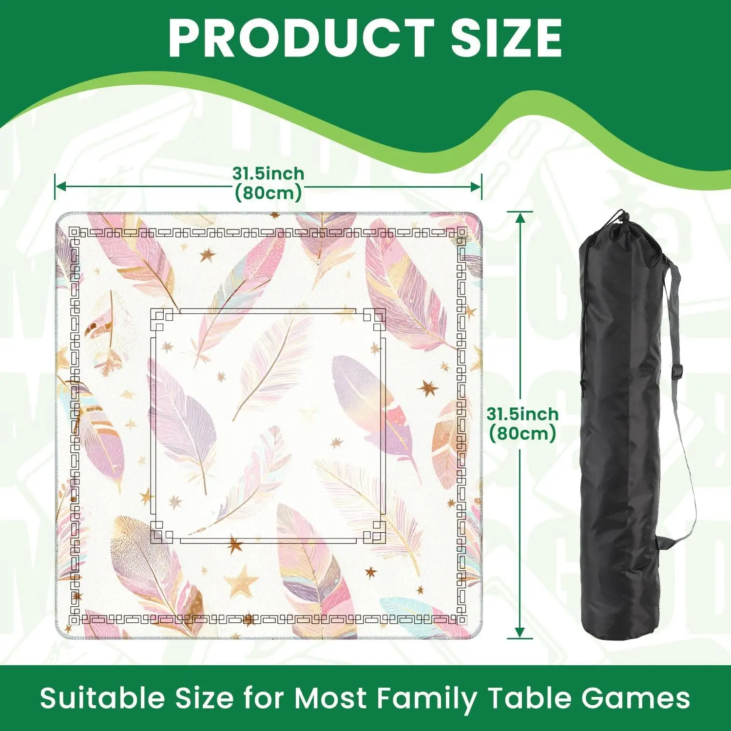 Luxury 3mm Neoprene Mahjong Tablecloth 31.5 Inch Boho Feather Gold Star Non Slip Noise Reduction for Mahjong Dominoes