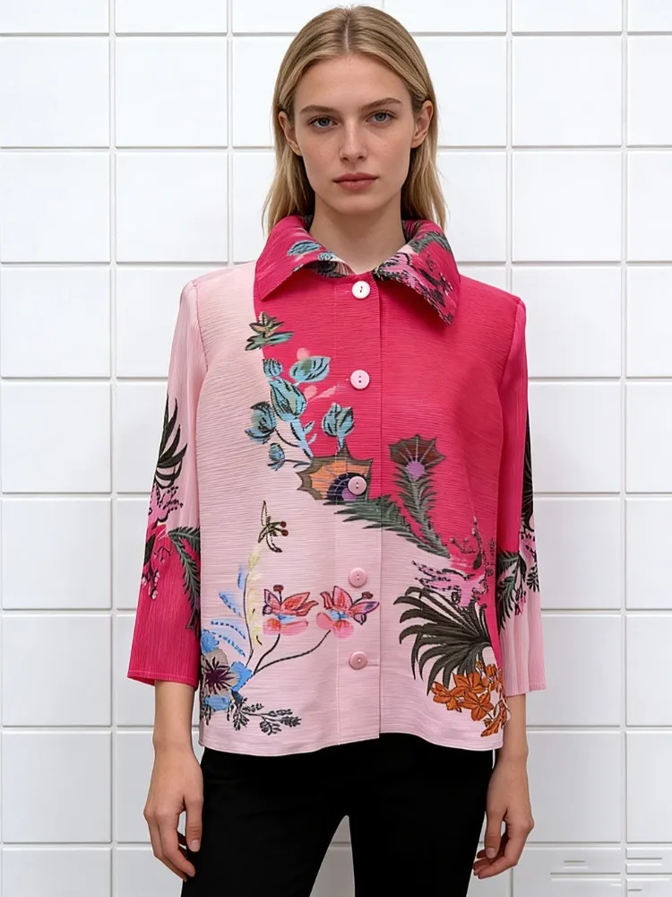 

High-End National Sle Printed Open Cardigan Pleated Loose Mom Clothes Ethnic Sle Versatile Turn-down Collar Spring ake ...