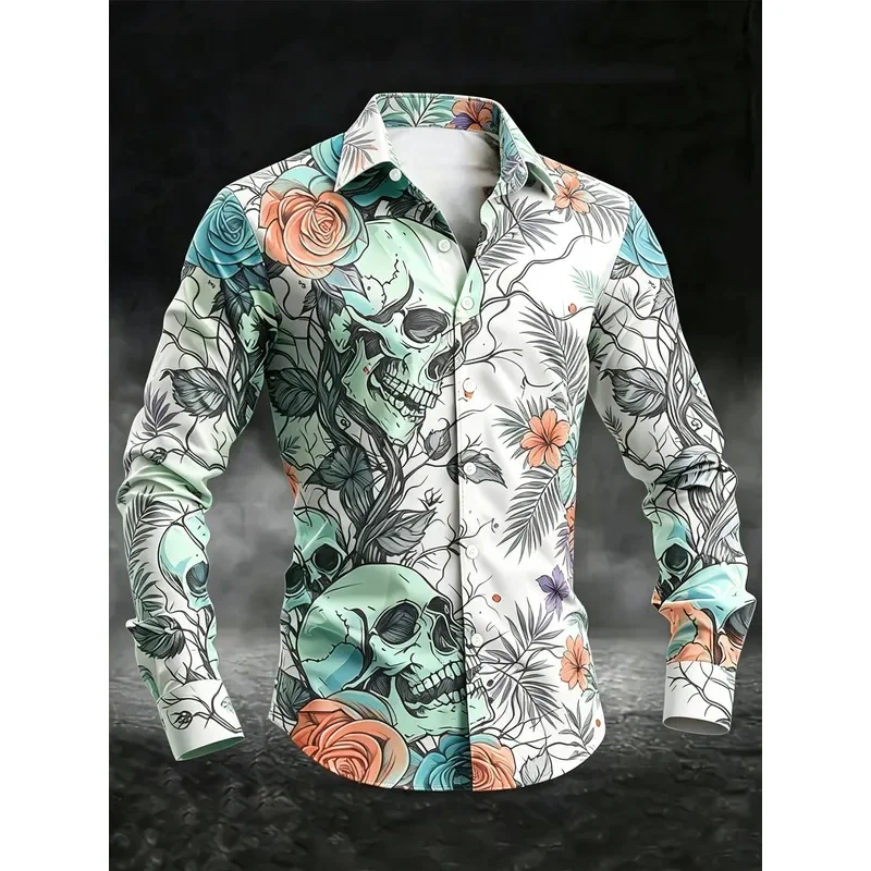 Men's Rose Skull Lightning Art Graffiti Print Long Sleeve Shirt Turn‑Down Collar Loose Tops For Club Party Daily Wear