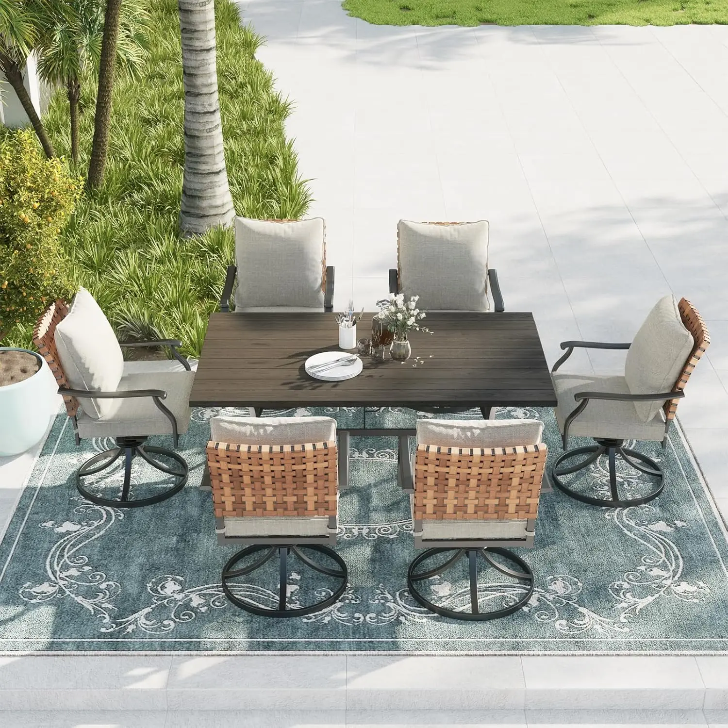 7-Piece Outdoor Dining Set 6 Leather-Look Wicker Swivel Patio Chairs & 1 Rectangular Dining Table