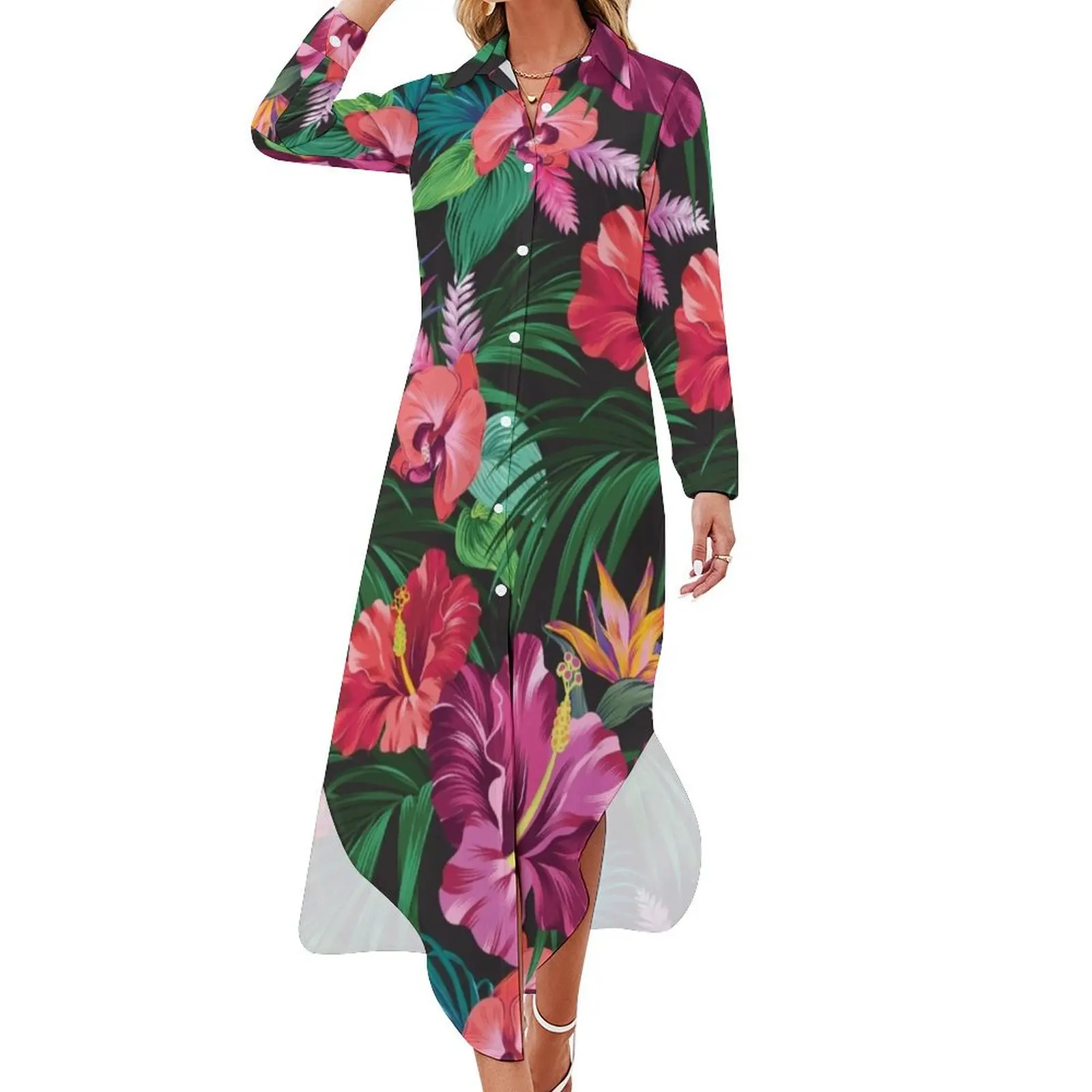 

take me with you. Tropical print Long Sleeved Shirt Dress women evening dress dress women summer women