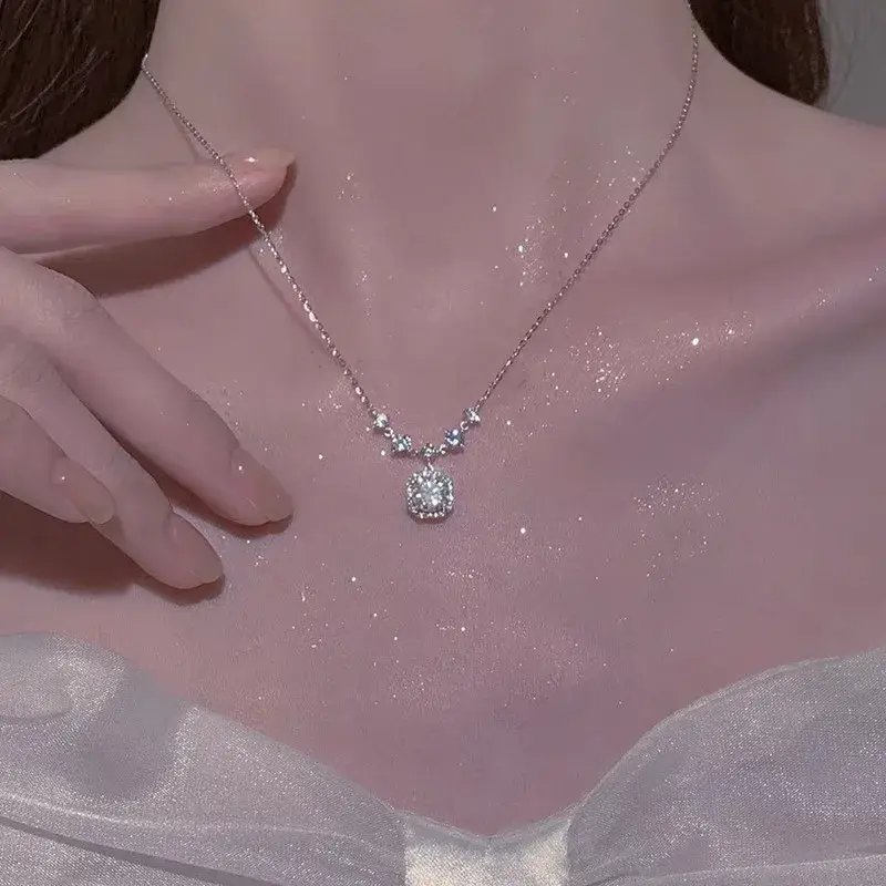 Luxurious Square Pink Zircon Pendant Necklace For Women Fashionable Personalized Daily Accessory Party Jewelry Birthday Gifts - 4